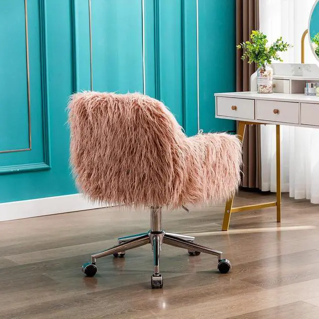 Alt view image 7 of 7 - KCC Fluffy Office Desk Chair, Faux Fur Modern Swivel Armchair with Wheels, Soft Comfy Fuzzy Elegant Accent Makeup Vanity Chairs for Women Girls, Home Living Dressing Room Bedroom, Pink