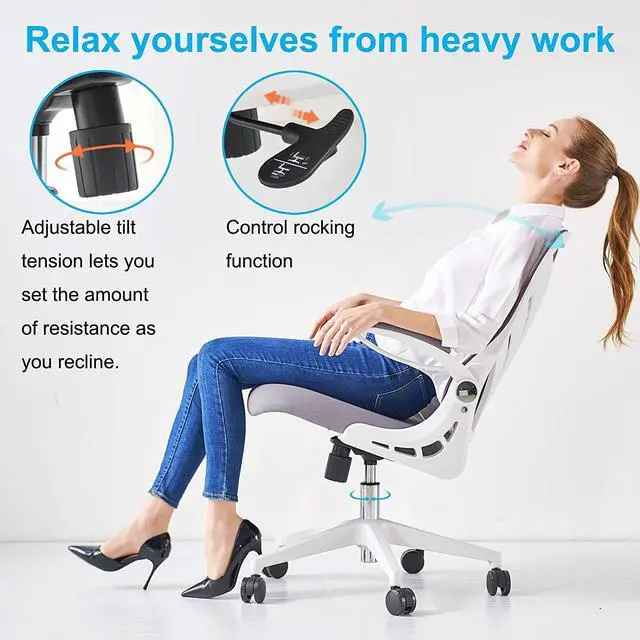 Alt view image 2 of 4 - HOLLUDLE Ergonomic Office Chair with Foldable Backrest, Computer Desk Chair with Flip-up Armrests, Mesh Lumbar Support and Tilt Function Big and Tall Office Chair, White