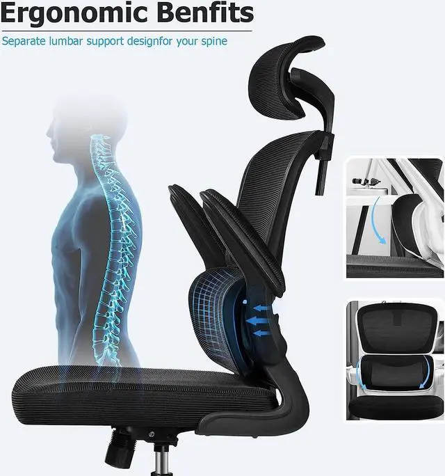 Alt view image 3 of 7 - Ergonomic Office Chair, High Back Mesh Desk Chair with Lumbar Support and Adjustable Headrest, Computer Gaming Chair, Executive Swivel Chair for Home Office
