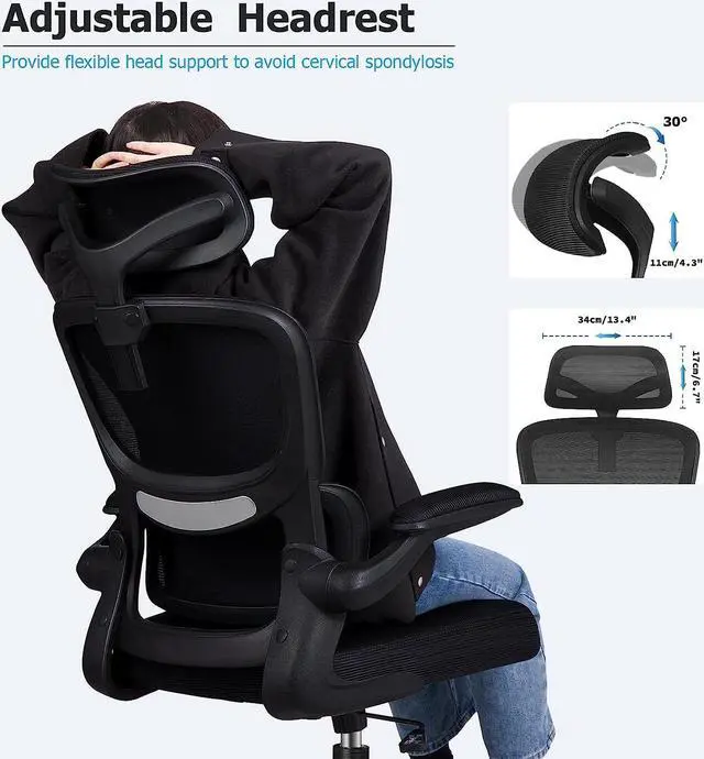 Alt view image 4 of 7 - Ergonomic Office Chair, High Back Mesh Desk Chair with Lumbar Support and Adjustable Headrest, Computer Gaming Chair, Executive Swivel Chair for Home Office