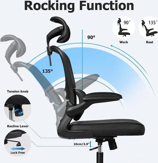 Alt view image 7 of 7 - Ergonomic Office Chair, High Back Mesh Desk Chair with Lumbar Support and Adjustable Headrest, Computer Gaming Chair, Executive Swivel Chair for Home Office