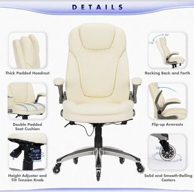 Alt view image 6 of 7 - Executive Office Chair-Ergonomic Computer Desk Chair with Upgraded Caster for Swivel, High Back Office Chair with Padded Flip-up Arms, Stylish Leather Chair Thicken Seat for Comfort (Ivory, 300lbs)