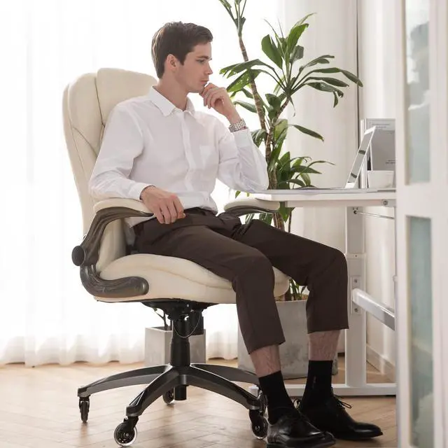 Alt view image 2 of 7 - Executive Office Chair-Ergonomic Computer Desk Chair with Upgraded Caster for Swivel, High Back Office Chair with Padded Flip-up Arms, Stylish Leather Chair Thicken Seat for Comfort (Ivory, 300lbs)