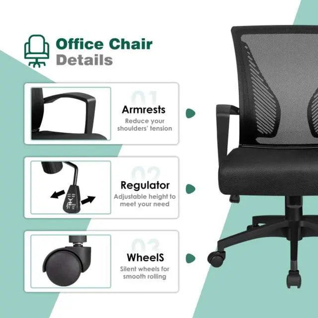 Alt view image 5 of 7 - Office Chair Mesh Computer Chair,Ergonomic Desk Chair with Lumbar Support&Armrest,Adjustable Height Modern Executive Rolling Swivel Chairs Mid Back Task Chair,for Adults,Black