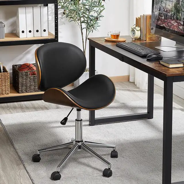 Alt view image 2 of 7 - Ergonomic Desk Chair Armless Office Chair Mid-Century Bentwood Seat Computer Chair Walnut Wood Chrome Finish Stool with Swivel Wheels Faux Leather Height Adjustable, Black