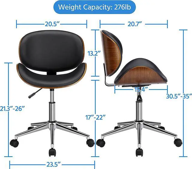 Alt view image 5 of 7 - Ergonomic Desk Chair Armless Office Chair Mid-Century Bentwood Seat Computer Chair Walnut Wood Chrome Finish Stool with Swivel Wheels Faux Leather Height Adjustable, Black