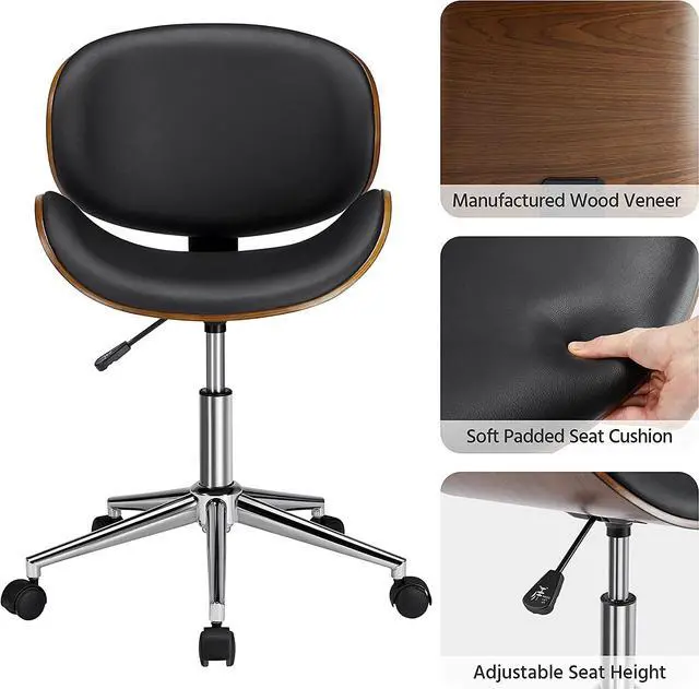 Alt view image 3 of 7 - Ergonomic Desk Chair Armless Office Chair Mid-Century Bentwood Seat Computer Chair Walnut Wood Chrome Finish Stool with Swivel Wheels Faux Leather Height Adjustable, Black