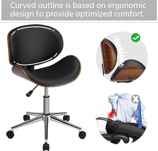 Alt view image 4 of 7 - Ergonomic Desk Chair Armless Office Chair Mid-Century Bentwood Seat Computer Chair Walnut Wood Chrome Finish Stool with Swivel Wheels Faux Leather Height Adjustable, Black