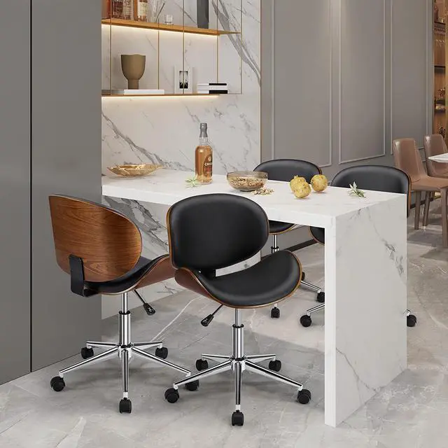 Alt view image 7 of 7 - Ergonomic Desk Chair Armless Office Chair Mid-Century Bentwood Seat Computer Chair Walnut Wood Chrome Finish Stool with Swivel Wheels Faux Leather Height Adjustable, Black