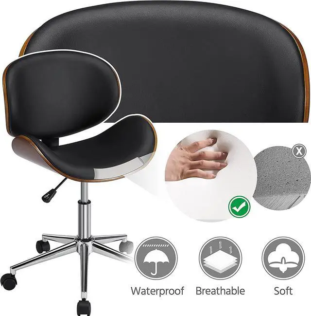 Alt view image 6 of 7 - Ergonomic Desk Chair Armless Office Chair Mid-Century Bentwood Seat Computer Chair Walnut Wood Chrome Finish Stool with Swivel Wheels Faux Leather Height Adjustable, Black