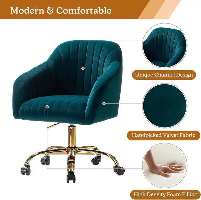 Alt view image 5 of 6 - HULALA HOME Velvet Home Office Desk Chair, Modern Cute Computer Task Chair, Wheels Swivel Height Adjustable Upholstered Vanity Chair for Women, Girls (Gold Base, Teal)