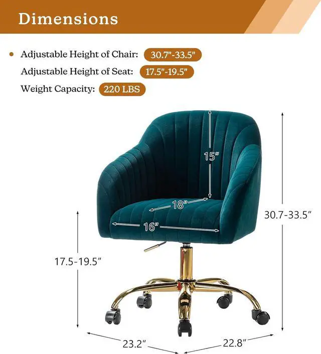 Alt view image 6 of 6 - HULALA HOME Velvet Home Office Desk Chair, Modern Cute Computer Task Chair, Wheels Swivel Height Adjustable Upholstered Vanity Chair for Women, Girls (Gold Base, Teal)