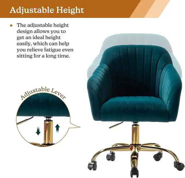Alt view image 3 of 6 - HULALA HOME Velvet Home Office Desk Chair, Modern Cute Computer Task Chair, Wheels Swivel Height Adjustable Upholstered Vanity Chair for Women, Girls (Gold Base, Teal)