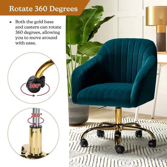 Alt view image 4 of 6 - HULALA HOME Velvet Home Office Desk Chair, Modern Cute Computer Task Chair, Wheels Swivel Height Adjustable Upholstered Vanity Chair for Women, Girls (Gold Base, Teal)