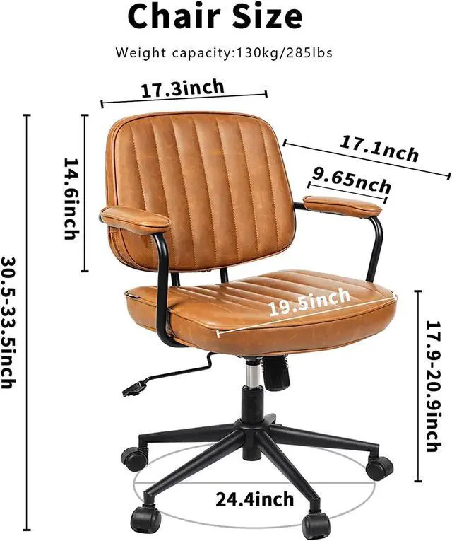 Alt view image 2 of 6 - Artswish Mid Century Office Chair Leather Desk Chair Brown Office Desk Chair Home Office Chair with Wheels and Arms