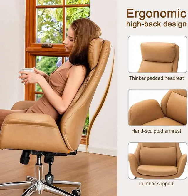 Alt view image 4 of 7 - Glitzhome Adjustable High-Back Office Chair Executive Swivel Chair PU Leather Desk Chair, Camel