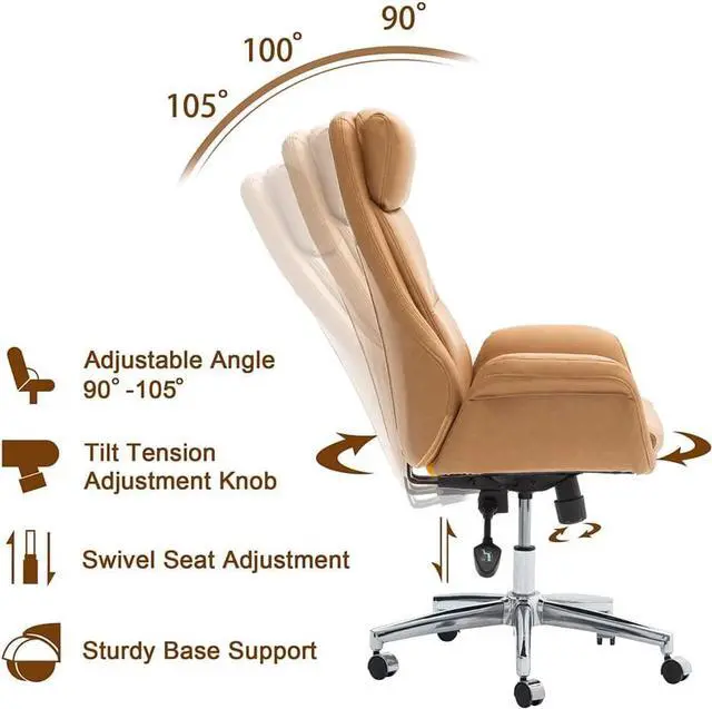 Alt view image 5 of 7 - Glitzhome Adjustable High-Back Office Chair Executive Swivel Chair PU Leather Desk Chair, Camel