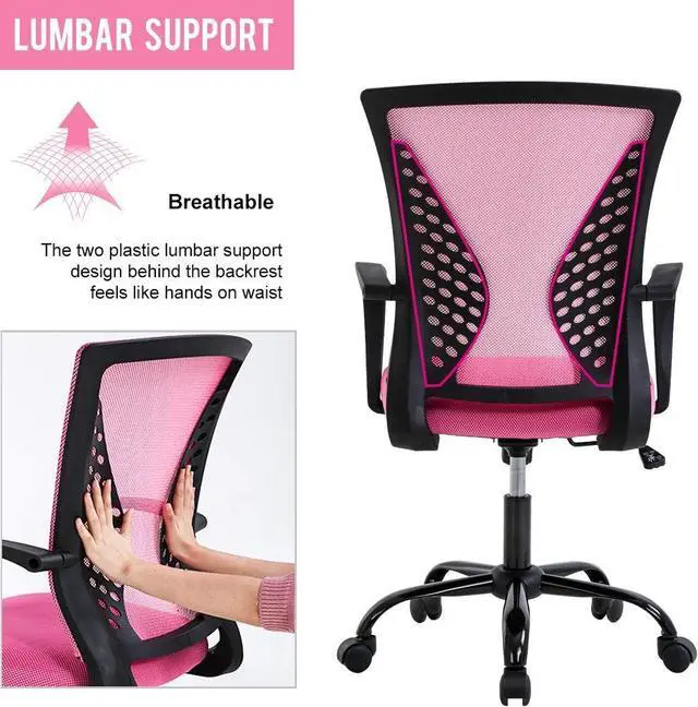 Alt view image 5 of 7 - Office Chair Desk Chair Computer Chair with Lumbar Support Armrest Mid Back Rolling Swivel Task Adjustable Mesh Ergonomic Chair for Women Adults, Pink