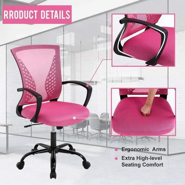 Alt view image 6 of 7 - Office Chair Desk Chair Computer Chair with Lumbar Support Armrest Mid Back Rolling Swivel Task Adjustable Mesh Ergonomic Chair for Women Adults, Pink