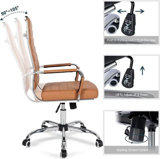 Alt view image 5 of 7 - Home Office Chair Ribbed, Modern Leather Conference Room Chairs, High Back Executive Computer Chair, Ergonomic Office Desk Chair, Adjustable Swivel Chair with Arms (Brown)