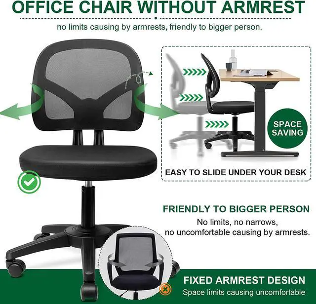 Alt view image 7 of 7 - KOLLIEE Armless Office Chair Mesh Ergonomic Small Desk Chair Armless Adjustable Swivel Black Computer Task Chair No Armrest Mid Back Home Office Chair for Small Spaces