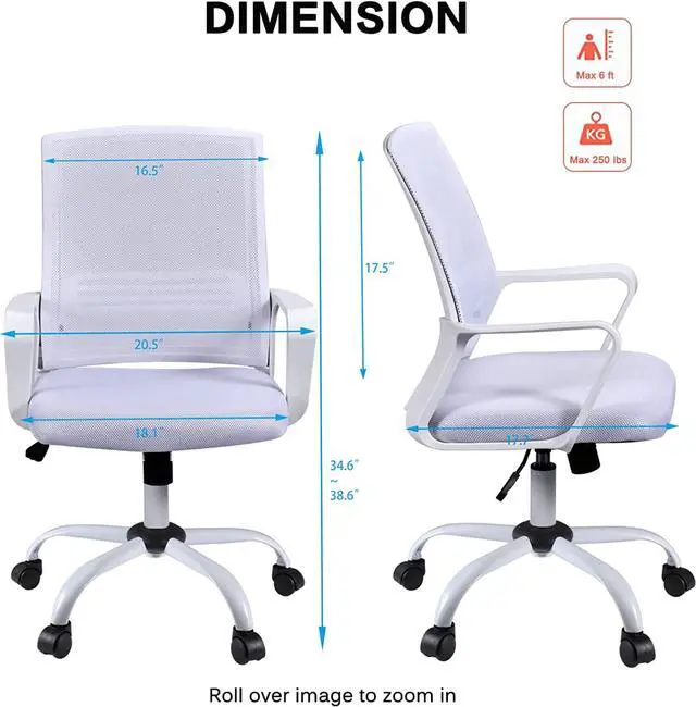 Alt view image 3 of 6 - Ergonomic Home Office Desk Chairs, Mesh Chair with Lumbar Back Support Armrest, Height Adjustable Executive Rolling Swivel Computer Chair, Mid Back Task Chair for Home Office Work, White