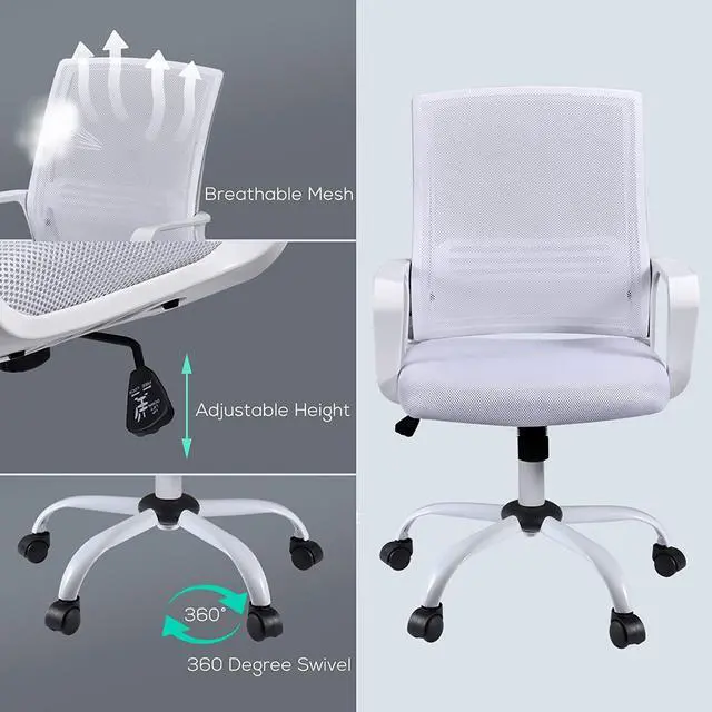 Alt view image 2 of 6 - Ergonomic Home Office Desk Chairs, Mesh Chair with Lumbar Back Support Armrest, Height Adjustable Executive Rolling Swivel Computer Chair, Mid Back Task Chair for Home Office Work, White