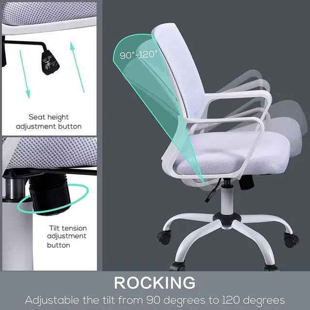 Alt view image 4 of 6 - Ergonomic Home Office Desk Chairs, Mesh Chair with Lumbar Back Support Armrest, Height Adjustable Executive Rolling Swivel Computer Chair, Mid Back Task Chair for Home Office Work, White