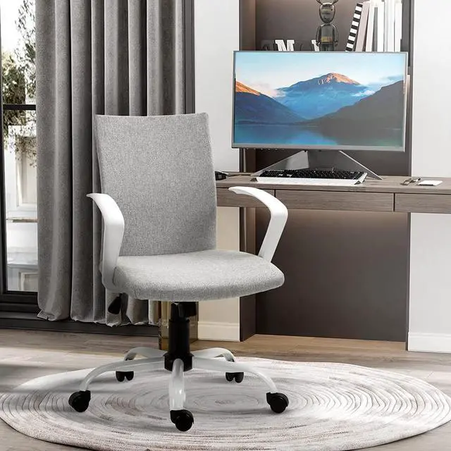 Alt view image 2 of 7 - Vinsetto Mid Back Office Chair Linen Swivel Computer Desk Chair Task Chair with Wheels, Arm, Tilt Function, Light Grey