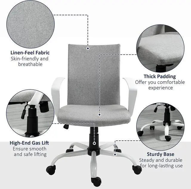 Alt view image 7 of 7 - Vinsetto Mid Back Office Chair Linen Swivel Computer Desk Chair Task Chair with Wheels, Arm, Tilt Function, Light Grey