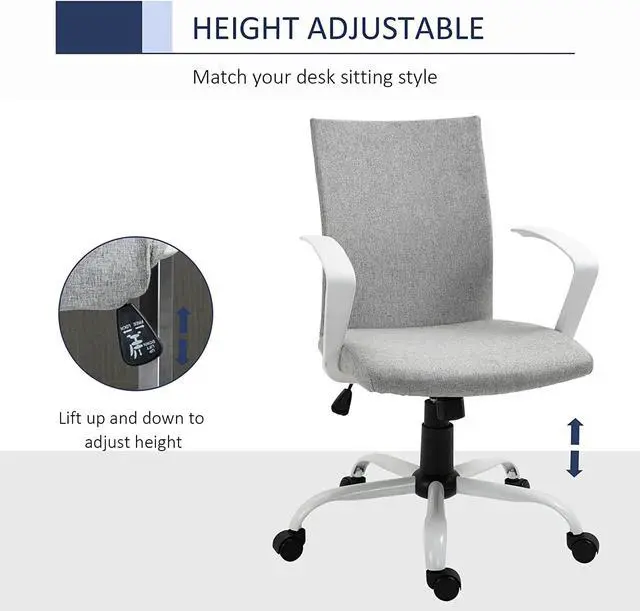 Alt view image 4 of 7 - Vinsetto Mid Back Office Chair Linen Swivel Computer Desk Chair Task Chair with Wheels, Arm, Tilt Function, Light Grey