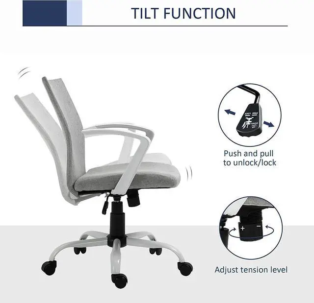 Alt view image 5 of 7 - Vinsetto Mid Back Office Chair Linen Swivel Computer Desk Chair Task Chair with Wheels, Arm, Tilt Function, Light Grey
