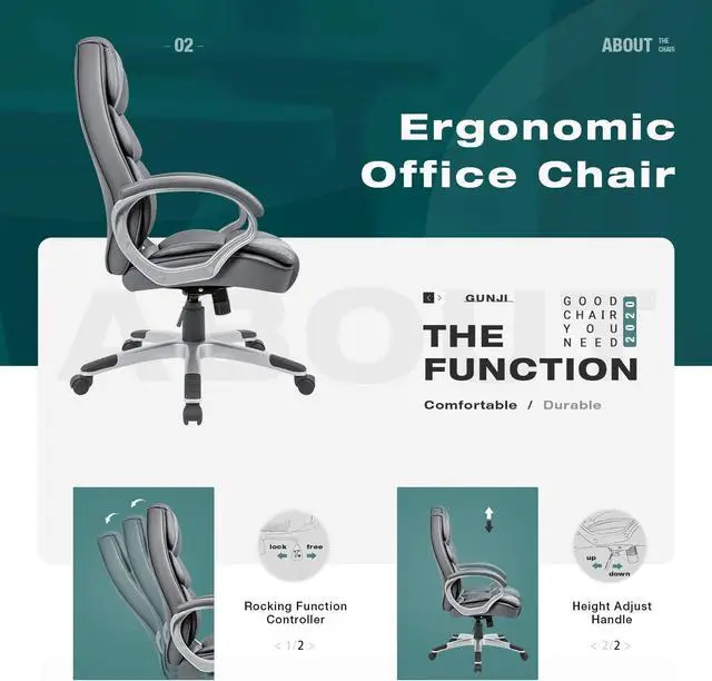 Alt view image 5 of 7 - GUNJI Office Chair PU Leather High Back Executive Chair Ergonomic Computer Chair, Modern Adjustable Home Desk Chair Swivel Managerial Chair with Padded Armrests and Lumbar Support (Gray)
