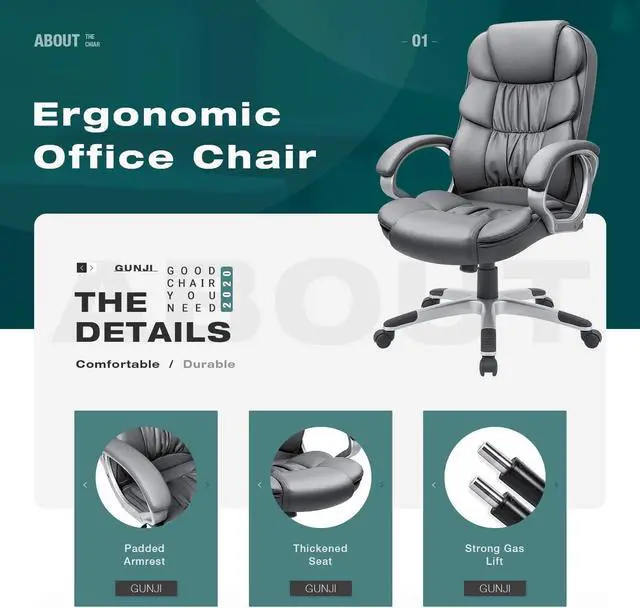 Alt view image 4 of 7 - GUNJI Office Chair PU Leather High Back Executive Chair Ergonomic Computer Chair, Modern Adjustable Home Desk Chair Swivel Managerial Chair with Padded Armrests and Lumbar Support (Gray)
