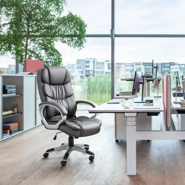 Alt view image 7 of 7 - GUNJI Office Chair PU Leather High Back Executive Chair Ergonomic Computer Chair, Modern Adjustable Home Desk Chair Swivel Managerial Chair with Padded Armrests and Lumbar Support (Gray)
