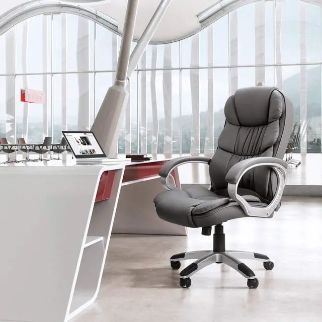 Alt view image 2 of 7 - GUNJI Office Chair PU Leather High Back Executive Chair Ergonomic Computer Chair, Modern Adjustable Home Desk Chair Swivel Managerial Chair with Padded Armrests and Lumbar Support (Gray)