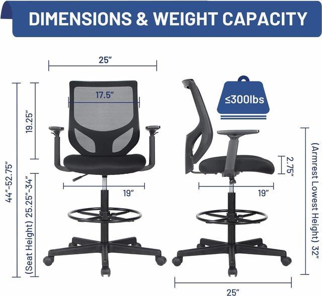 Zunmos Drafting Chair, Tall Office Chair, Counter Height Office Chairs, High Adjustable Standing Desk Chair, Ergonomic Mesh Computer Task Chair with