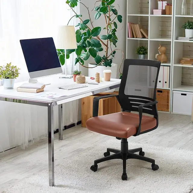 Alt view image 2 of 7 - Yaheetech Ergonomic Home Office Chair Leather and Mesh Combine Desk Chair Rolling Swivel Adjustable Mesh Chair with Lumbar Support and Armrests for Office and Home, Brown