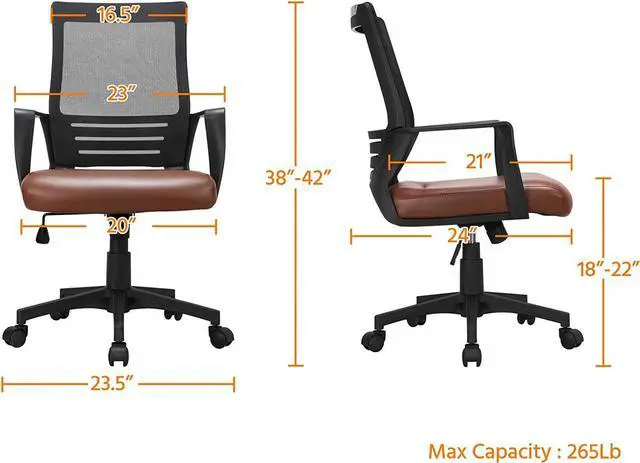 Alt view image 5 of 7 - Yaheetech Ergonomic Home Office Chair Leather and Mesh Combine Desk Chair Rolling Swivel Adjustable Mesh Chair with Lumbar Support and Armrests for Office and Home, Brown