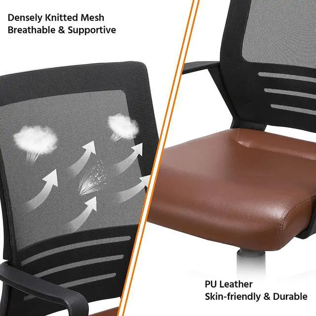 Alt view image 3 of 7 - Yaheetech Ergonomic Home Office Chair Leather and Mesh Combine Desk Chair Rolling Swivel Adjustable Mesh Chair with Lumbar Support and Armrests for Office and Home, Brown