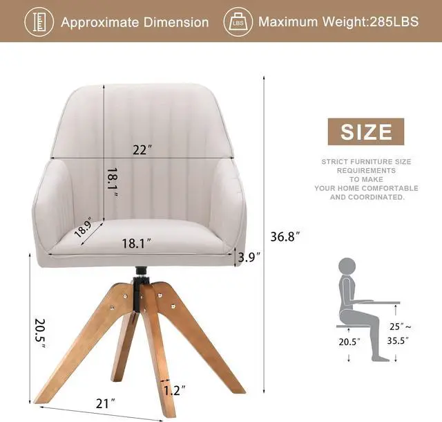Alt view image 4 of 7 - Furniliving 36.8'' Mid Century Modern Swivel Accent Chair for Living Room, Wood Desk Chair with Arms Mid Back Arm Chairs Upholstered Home Office Chair No Wheels for Home Office/Bedroom, Beige