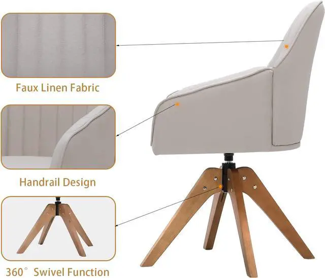 Alt view image 3 of 7 - Furniliving 36.8'' Mid Century Modern Swivel Accent Chair for Living Room, Wood Desk Chair with Arms Mid Back Arm Chairs Upholstered Home Office Chair No Wheels for Home Office/Bedroom, Beige