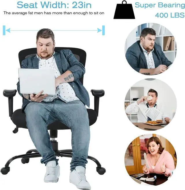 Alt view image 2 of 7 - HCY Big & Tall Office , Desk 400 lbs Computer Mesh Chair for Heavy People Height Adjustable Rolling Desk Chair with Ergonomic Lumbar Support for Home, Office (Black), Welcome to consult