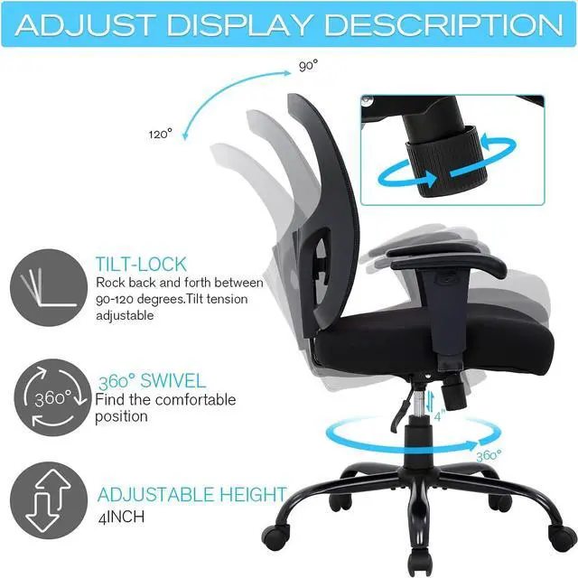 Alt view image 3 of 7 - HCY Big & Tall Office , Desk 400 lbs Computer Mesh Chair for Heavy People Height Adjustable Rolling Desk Chair with Ergonomic Lumbar Support for Home, Office (Black), Welcome to consult