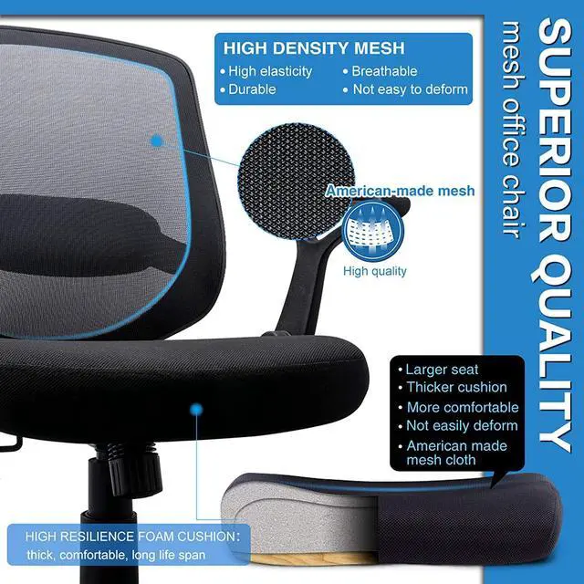 Alt view image 4 of 6 - KOLLIEE Mid Back Mesh Office Chair Ergonomic Swivel Black Desk Office Chair Flip Up Armrests with Lumbar Support Adjustable Height Computer Task Chairs