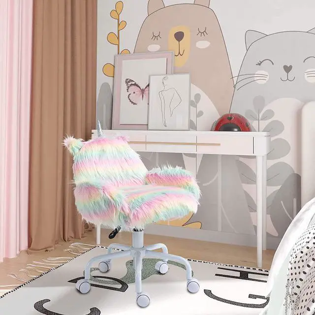 Alt view image 2 of 7 - HOMCOM Fluffy Unicorn Office Chair with Mid-Back and Armrest Support, 5 Star Swivel Wheel White Base, Rainbow