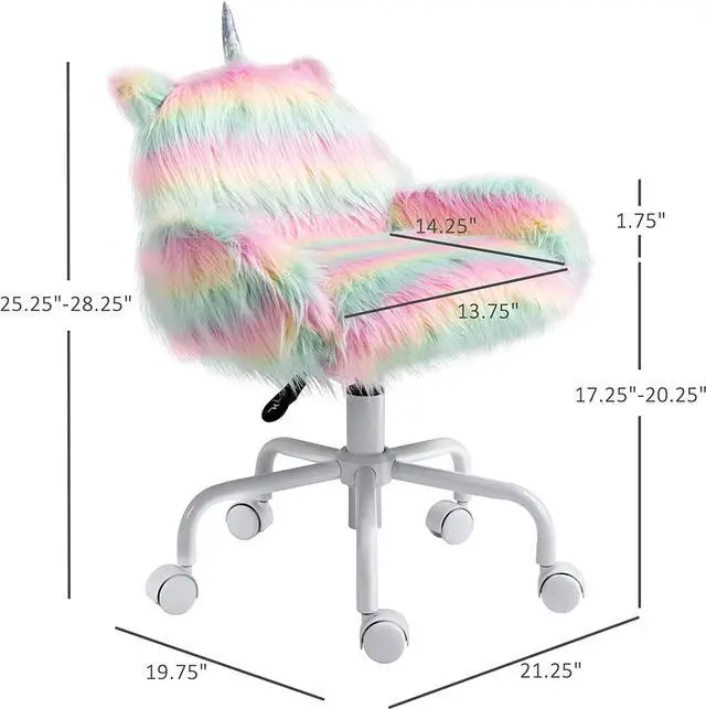 Alt view image 3 of 7 - HOMCOM Fluffy Unicorn Office Chair with Mid-Back and Armrest Support, 5 Star Swivel Wheel White Base, Rainbow