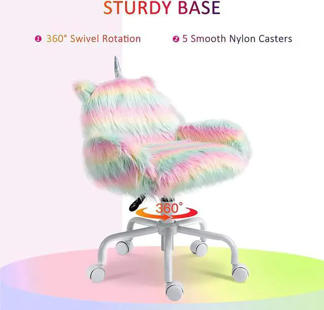 Alt view image 6 of 7 - HOMCOM Fluffy Unicorn Office Chair with Mid-Back and Armrest Support, 5 Star Swivel Wheel White Base, Rainbow