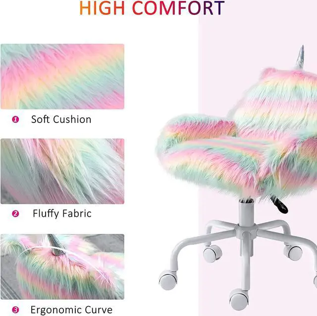 Alt view image 5 of 7 - HOMCOM Fluffy Unicorn Office Chair with Mid-Back and Armrest Support, 5 Star Swivel Wheel White Base, Rainbow