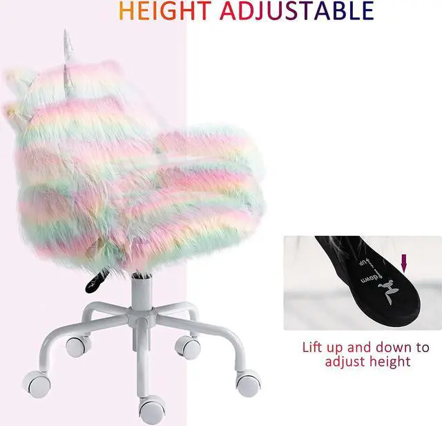 Alt view image 4 of 7 - HOMCOM Fluffy Unicorn Office Chair with Mid-Back and Armrest Support, 5 Star Swivel Wheel White Base, Rainbow